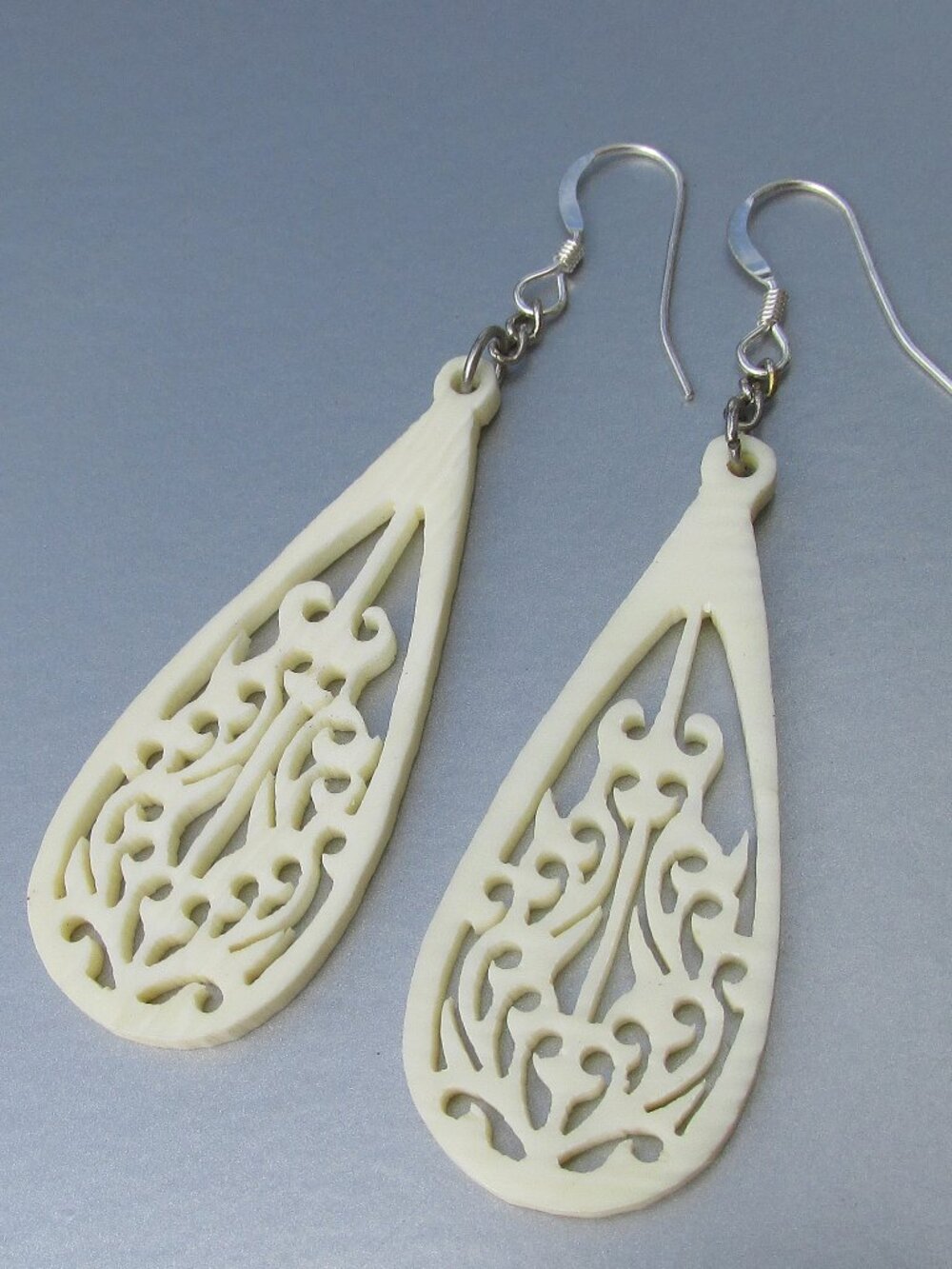 Vintage Carved Celluloid Sterling Silver Long Dangle Teardrop Earrings